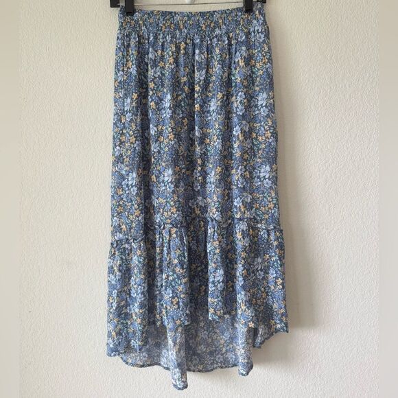 Hippie Rose Floral Midi Skirt S High Low Rayon Boho Tiered Asymmetrical Peasant - Picture 1 of 5